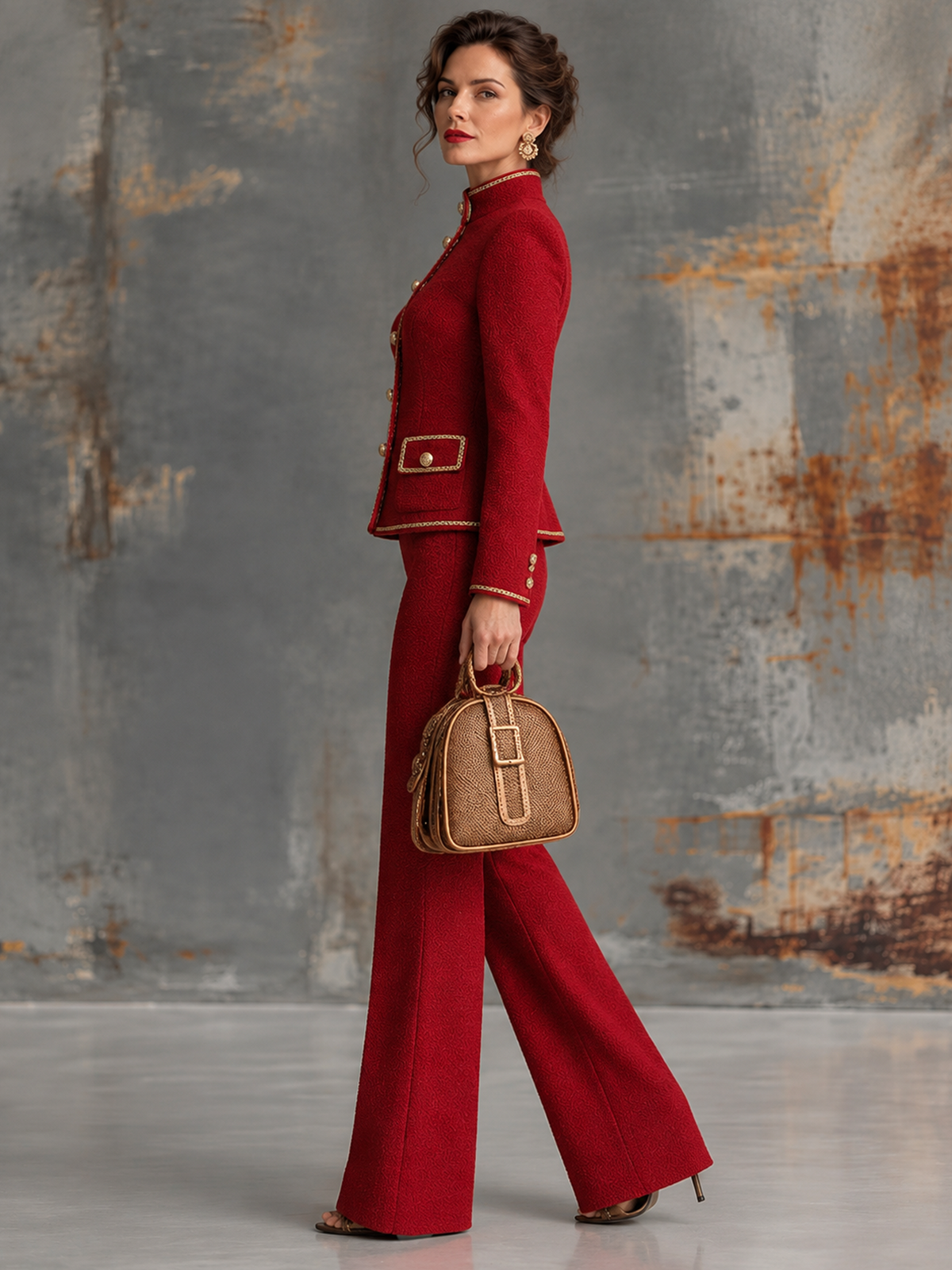 Red Gold Trim Stand Collar Tweed Blazer And High Waist Flared Pants 2-Piece Suit