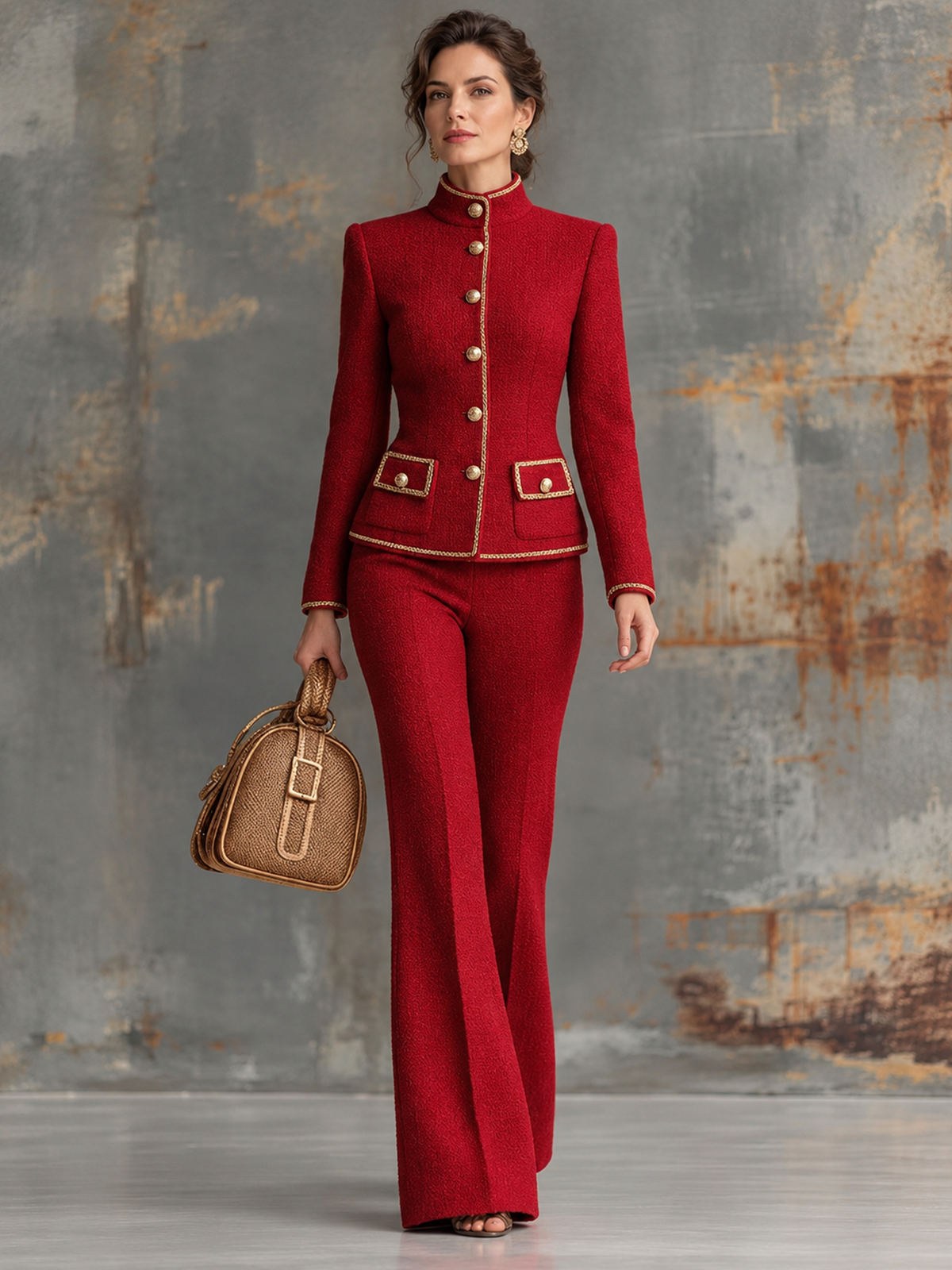 Red Gold Trim Stand Collar Tweed Blazer And High Waist Flared Pants 2-Piece Suit
