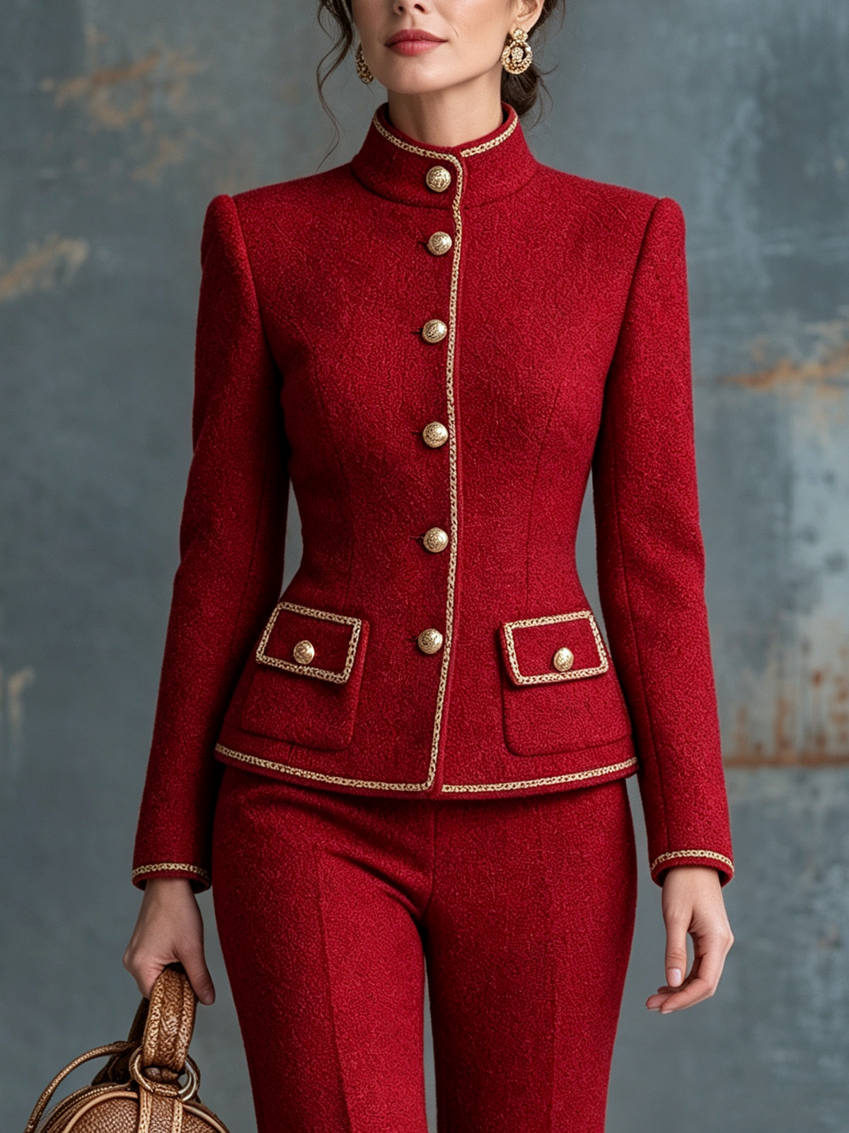 Red Gold Trim Stand Collar Tweed Blazer And High Waist Flared Pants 2-Piece Suit