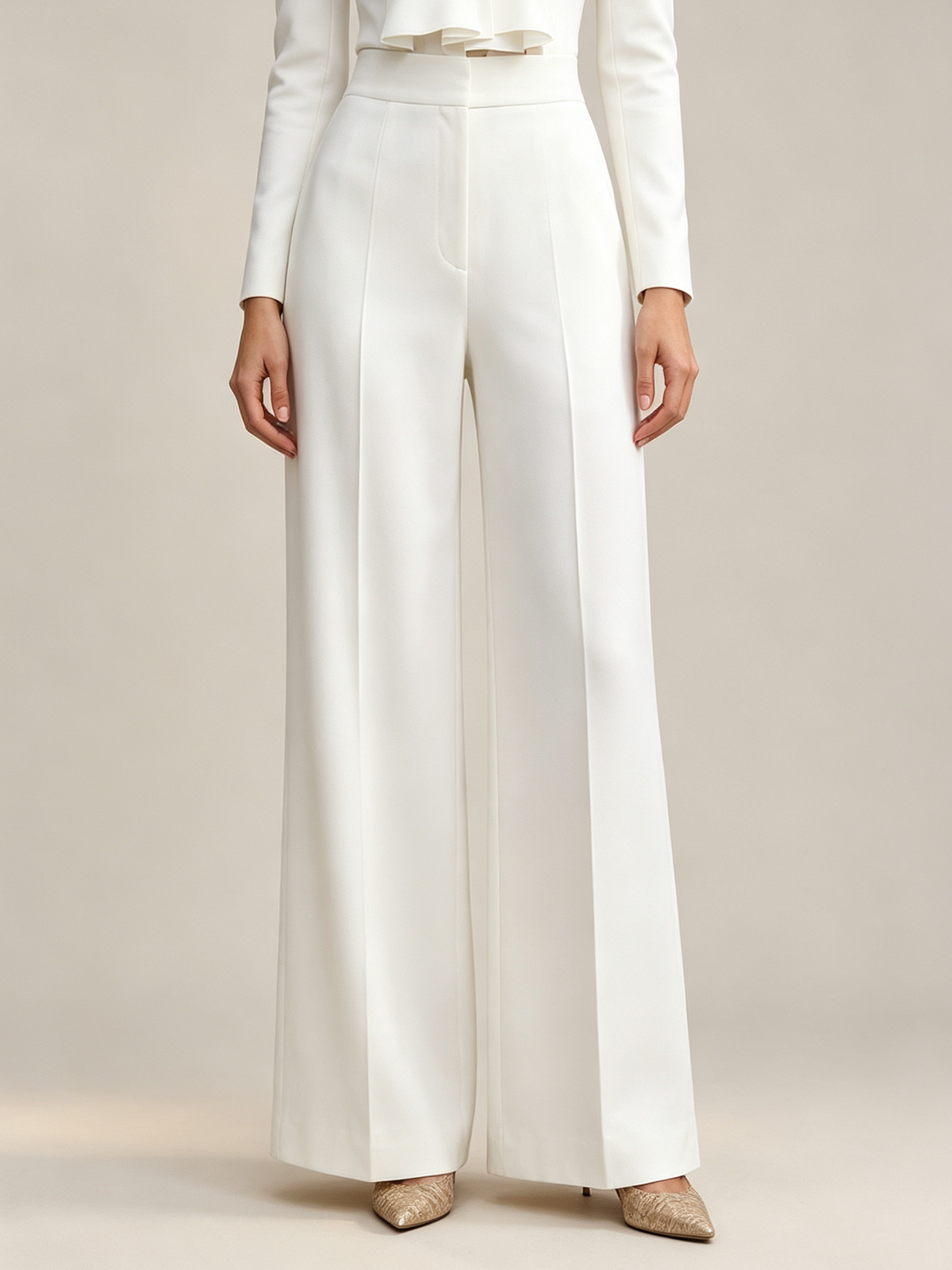 White Stand Collar Gold Button Long Ruffled Hem Blazer And High Waist Wide Leg Pants 2-Piece Suit
