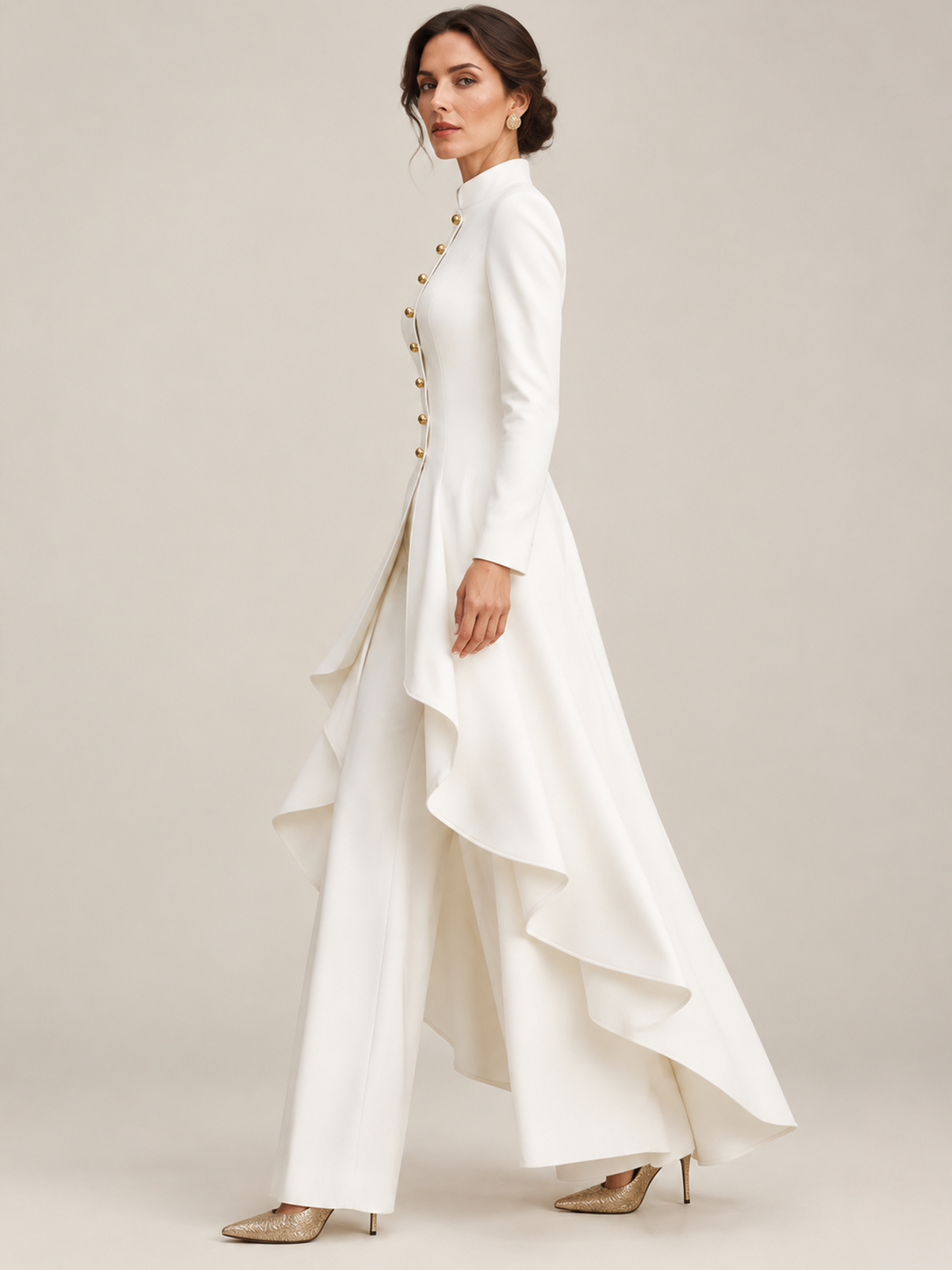 White Stand Collar Gold Button Long Ruffled Hem Blazer And High Waist Wide Leg Pants 2-Piece Suit