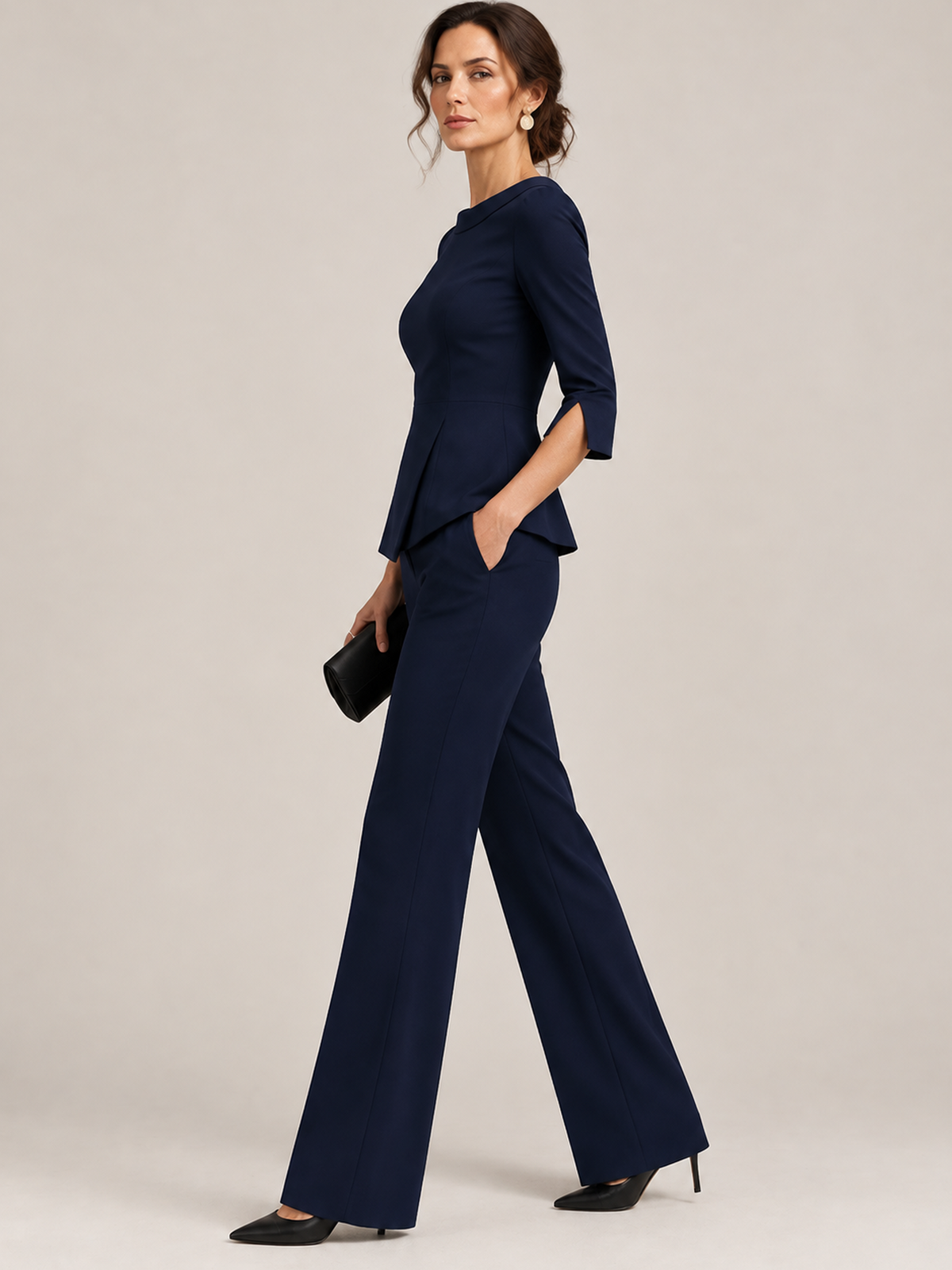 Navy Bateau Neck 3/4 Slit Sleeve Peplum Top And High Waist Flared Pants 2-Piece Suit