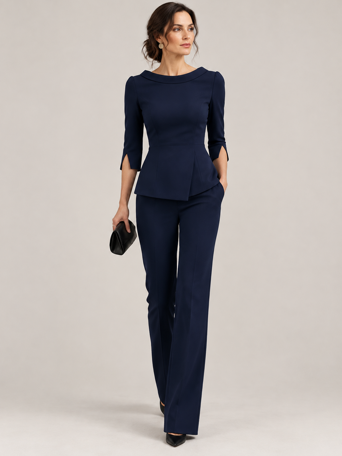 Navy Bateau Neck 3/4 Slit Sleeve Peplum Top And High Waist Flared Pants 2-Piece Suit