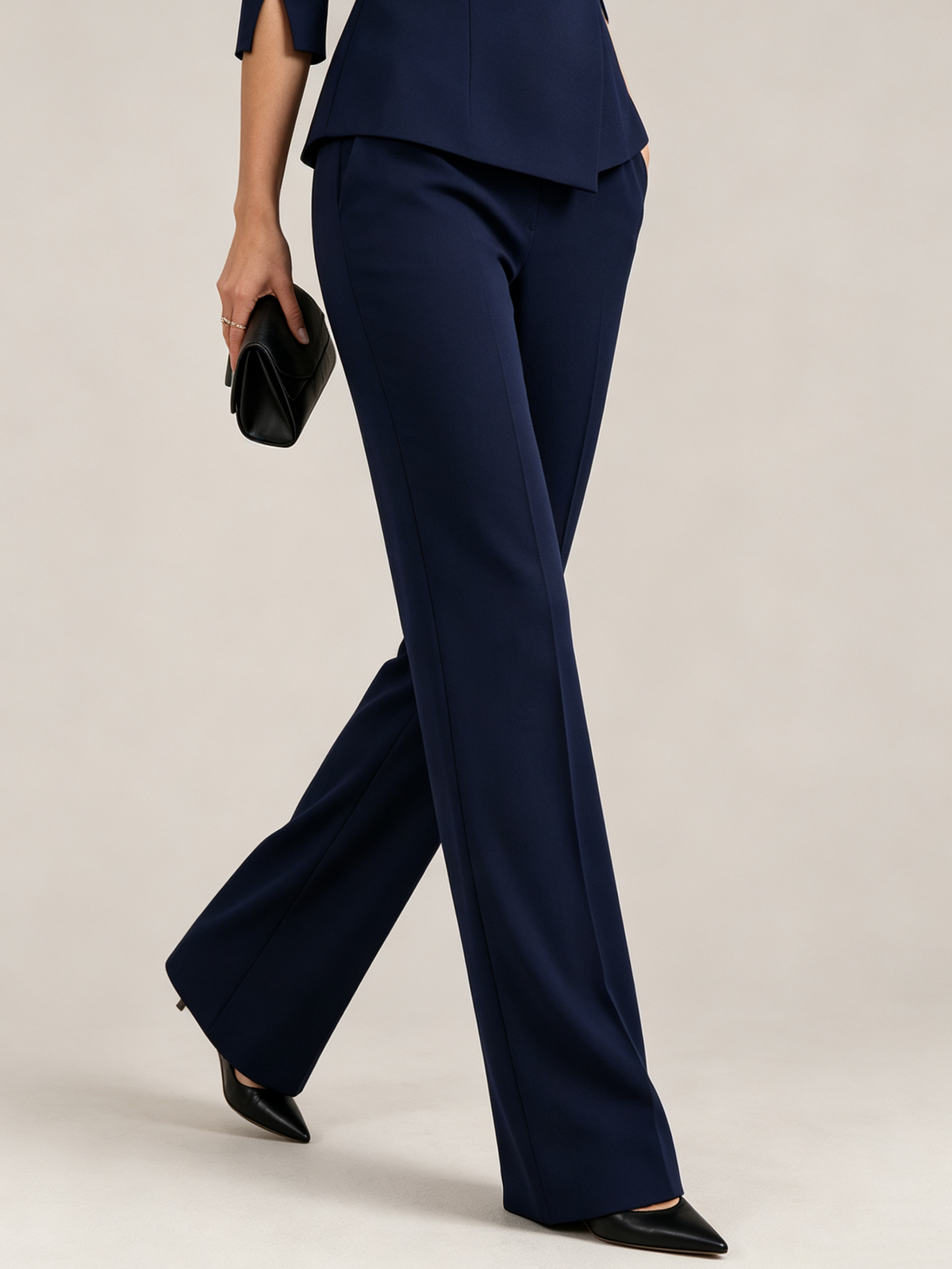 Navy Bateau Neck 3/4 Slit Sleeve Peplum Top And High Waist Flared Pants 2-Piece Suit
