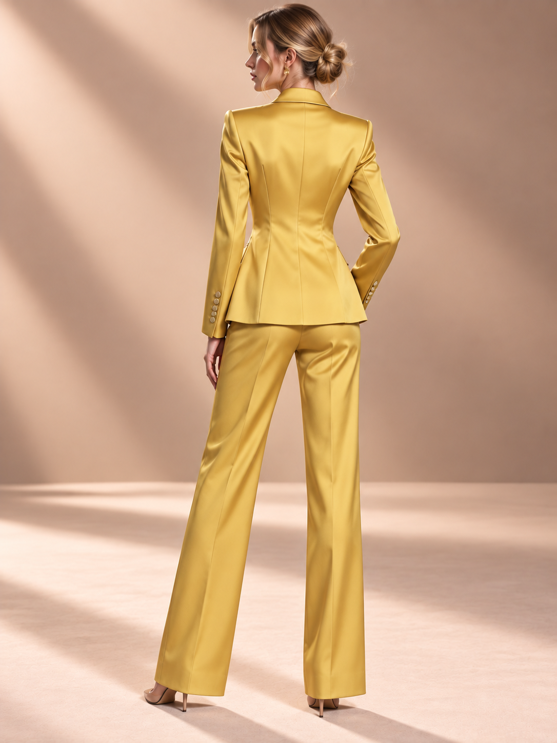 Gold Peak Lapel Blazer And Wide Leg Pants 2-Piece Suit