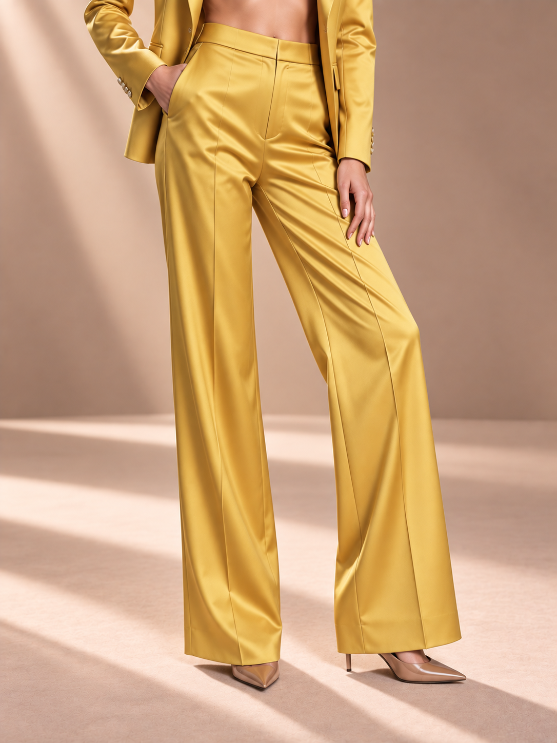 Gold Peak Lapel Blazer And Wide Leg Pants 2-Piece Suit