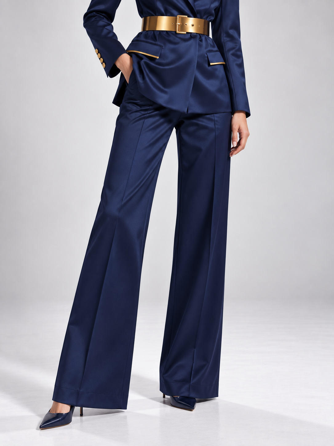 Dark Blue Single Breasted Blazer With Peak Lapels And Wide Leg Slightly Flared Pants 2-Piece Suit