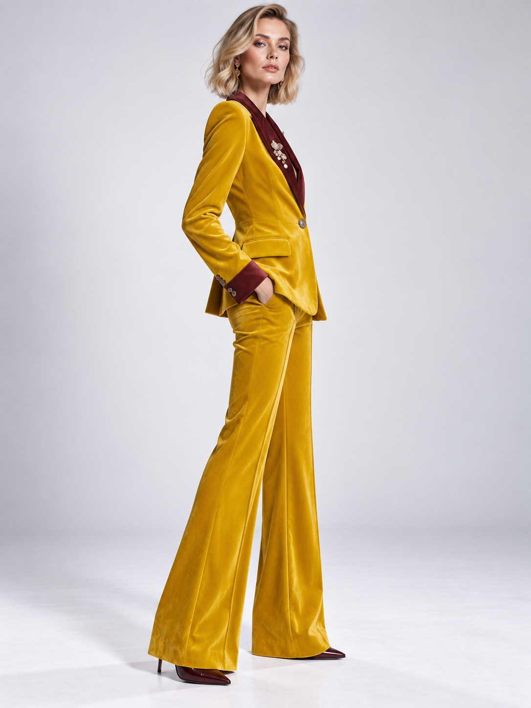 Mustard Yellow Single Breasted Blazer With Contrasting Peak Lapels And Flared Pants 2-Piece Suit