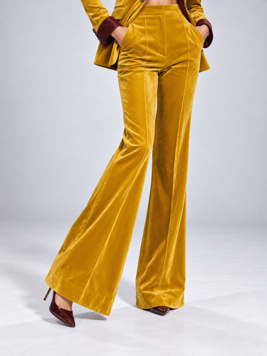 Mustard Yellow Single Breasted Blazer With Contrasting Peak Lapels And Flared Pants 2-Piece Suit