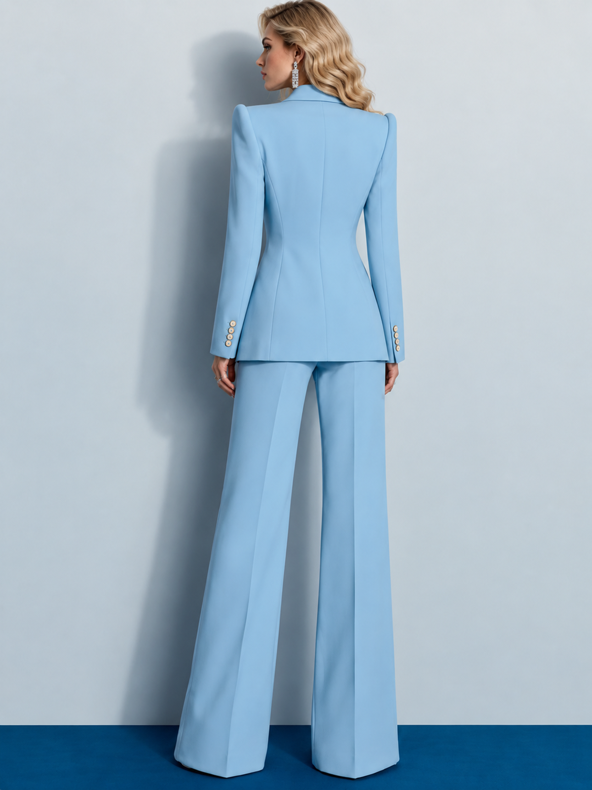Sky Blue Single-Breasted Blazer and Wide Leg Pants 2-Piece Suit