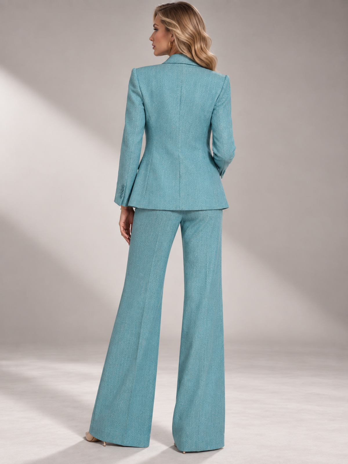 Teal Peak Lapel Open Blazer & Wide-Leg Trousers 2-Piece Suit