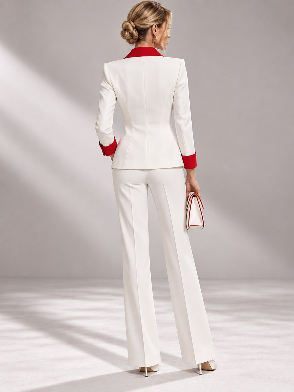 White Red Contrast Double Breasted Blazer & High Waist Wide Leg Pants 2-Piece Suit