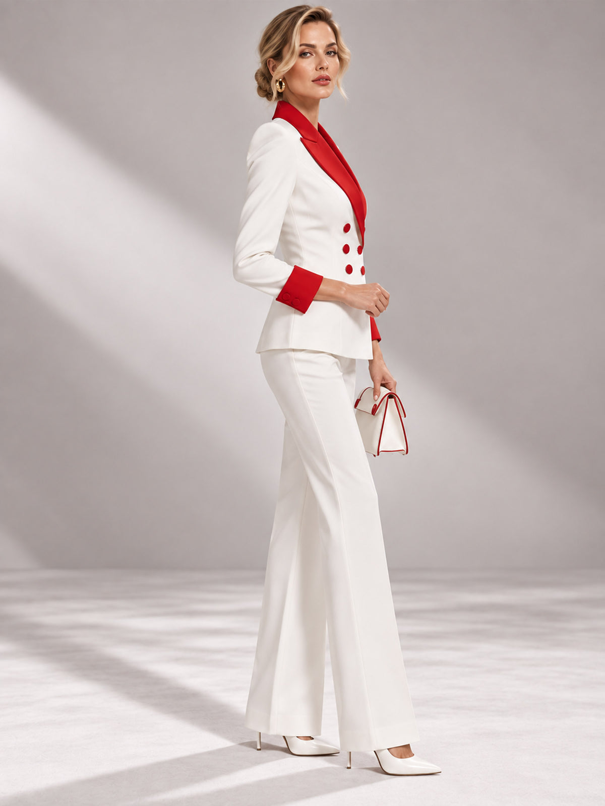 White Red Contrast Double Breasted Blazer & High Waist Wide Leg Pants 2-Piece Suit