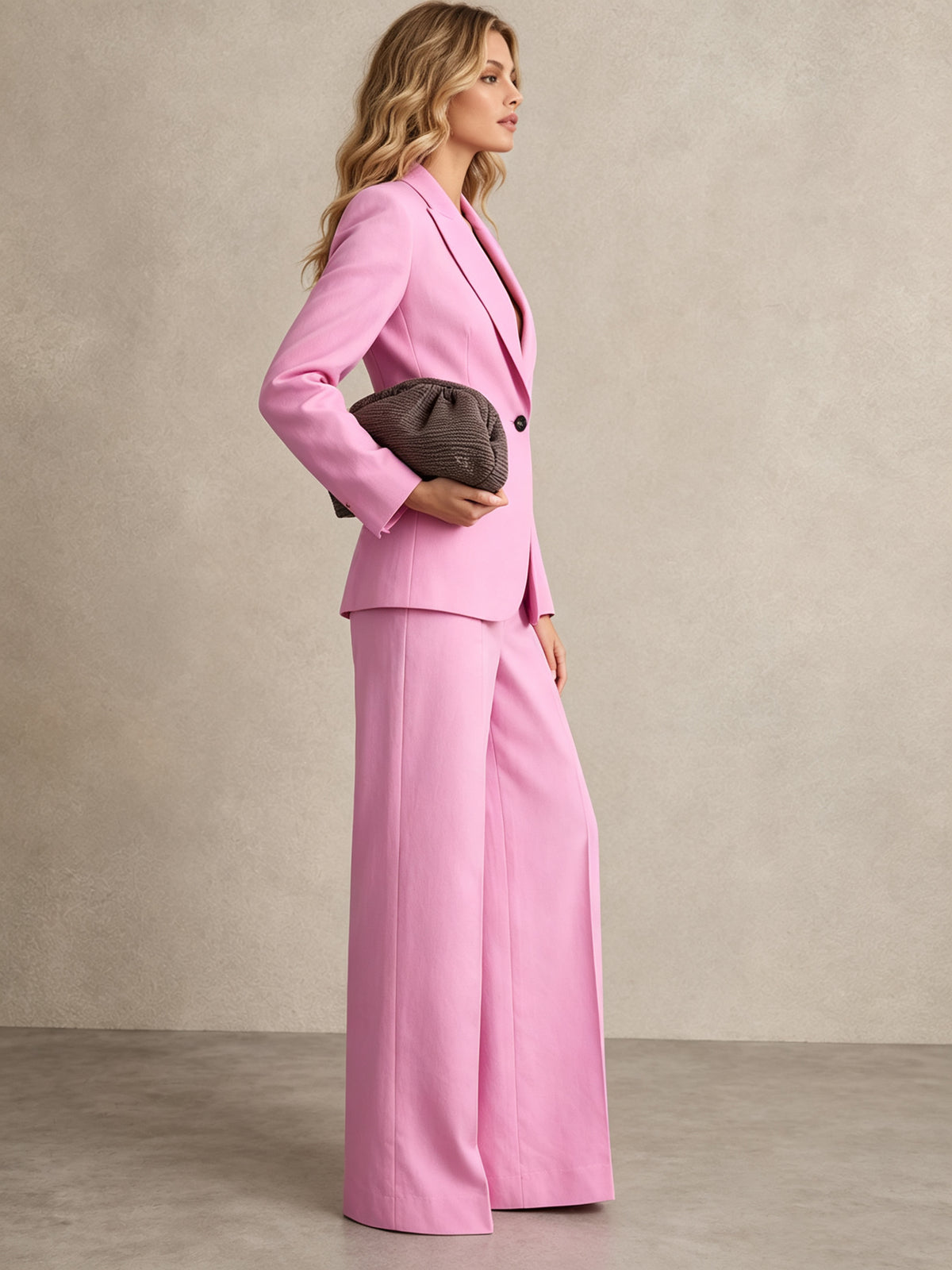 Pink Single Button Notched Lapel Blazer & Wide-Leg Trousers 2-Piece Suit