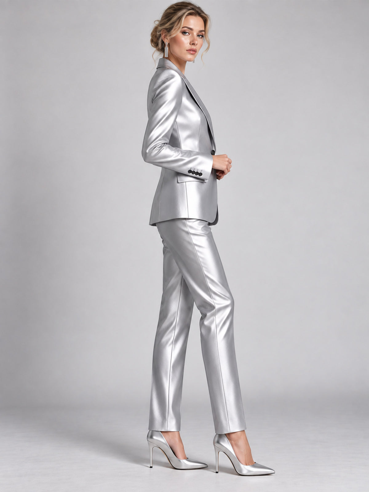 Silver Satin Notch Lapel Single Button Blazer & High Waist Straight Pants 2-Piece Suit