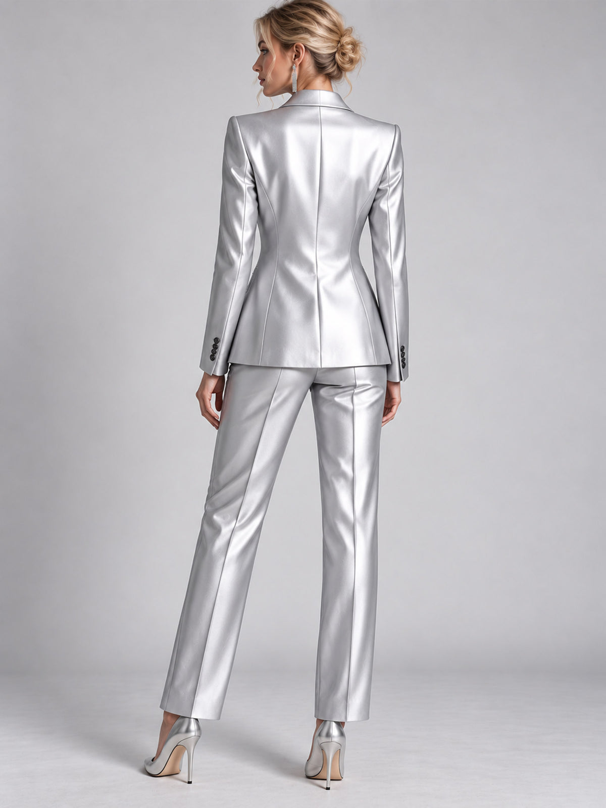Silver Satin Notch Lapel Single Button Blazer & High Waist Straight Pants 2-Piece Suit