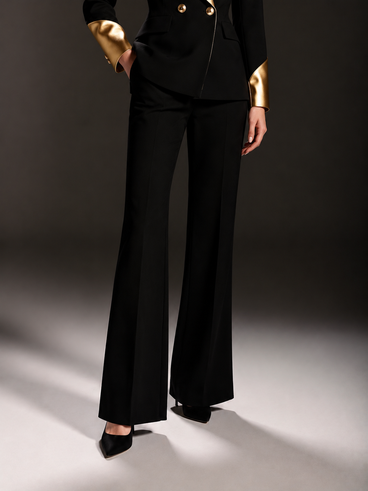 Black Gold Contrast Peak Lapel Double Breasted Blazer & Wide Leg Pants 2-Piece Suit