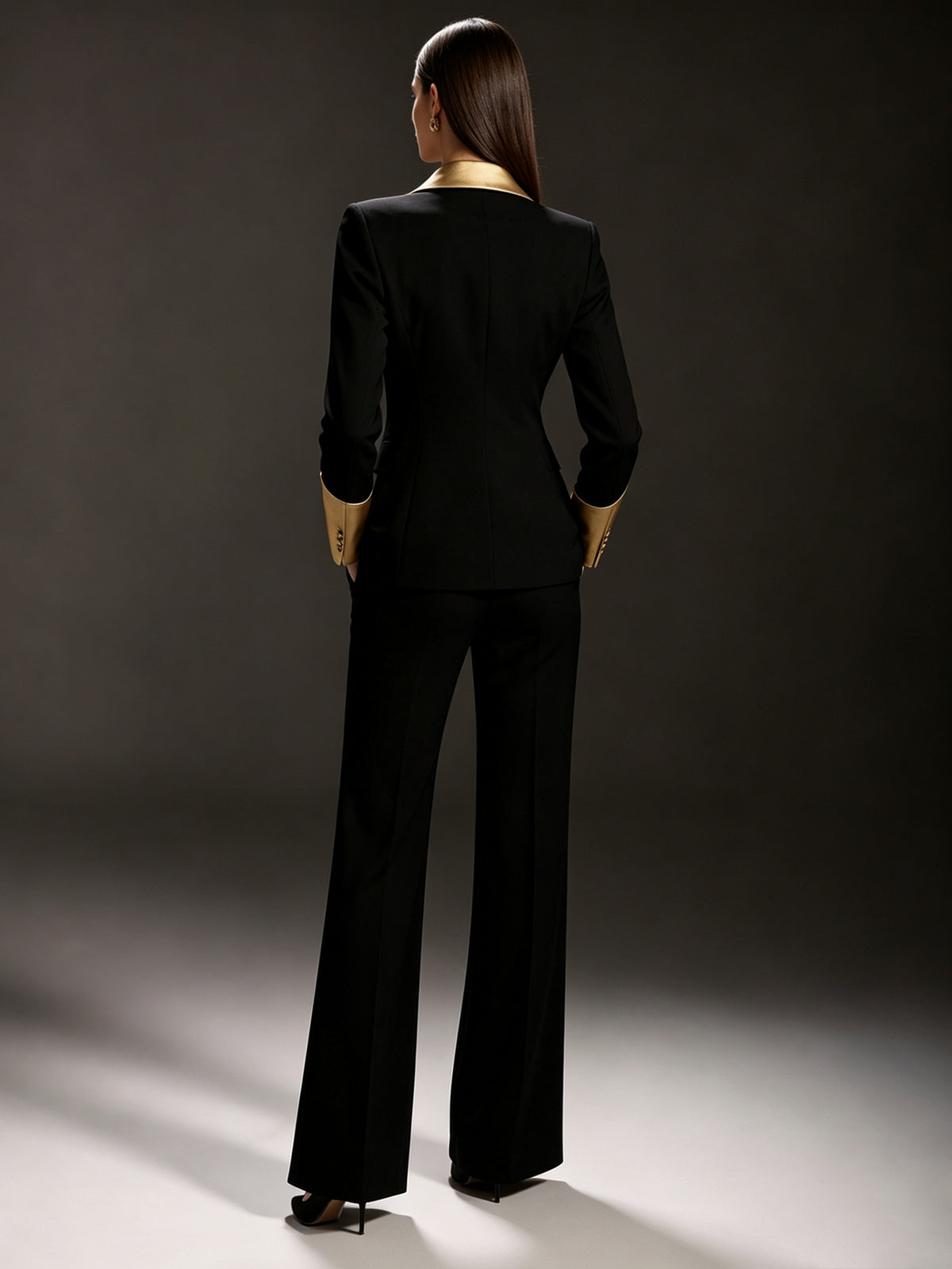 Black Gold Contrast Peak Lapel Double Breasted Blazer & Wide Leg Pants 2-Piece Suit