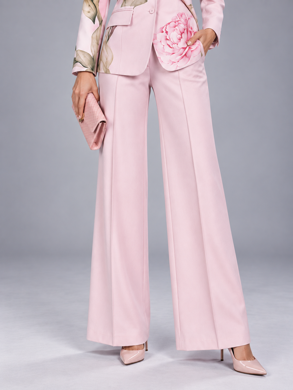 Light Pink Floral Print Notch Lapel Single Button Blazer & High Waist Wide Leg Pants 2-Piece Suit