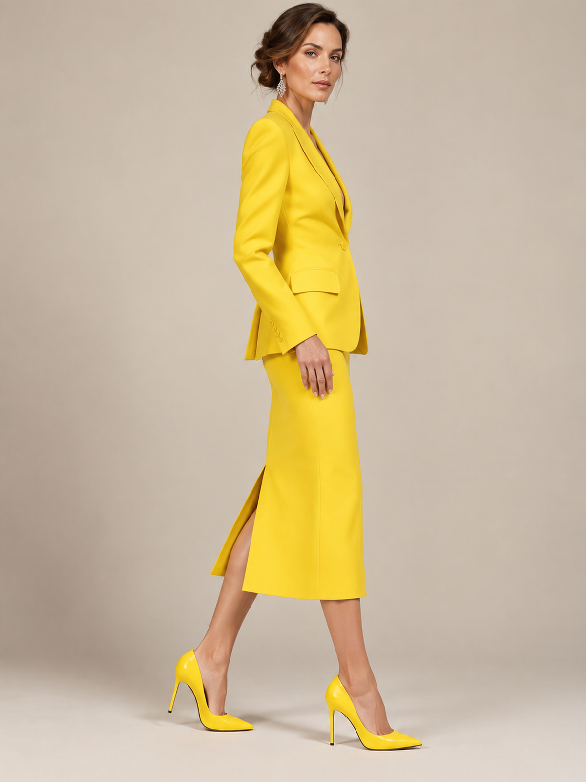 Bright Yellow Fitted Blazer And Midi Pencil Skirt 2-Piece Suit