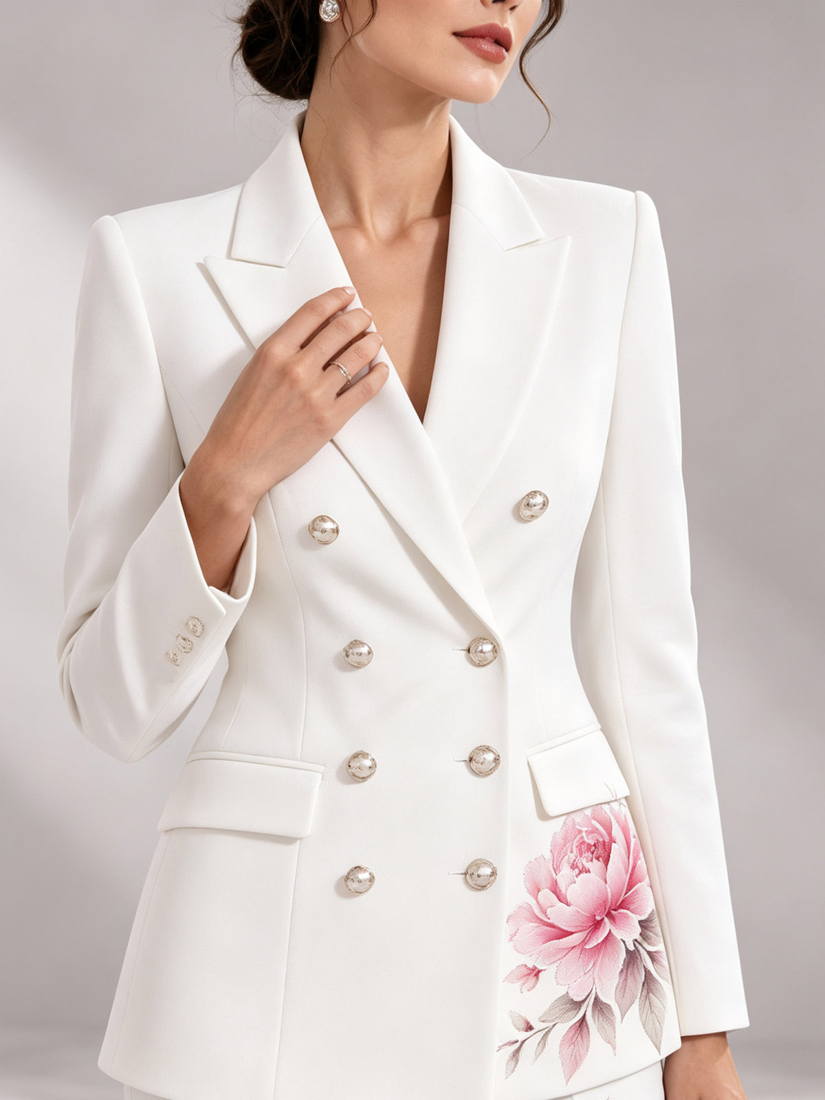 White Floral Print Double Breasted Notch Lapel Blazer & Wide Leg Pants 2-Piece Suit