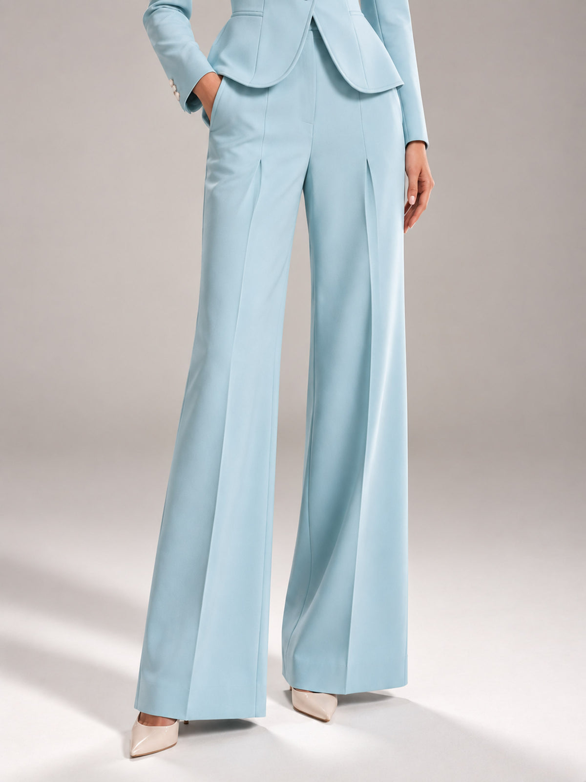 Light Blue Stand Collar 3-Button Peplum Blazer & High Waist Wide Leg Pants 2-Piece Suit