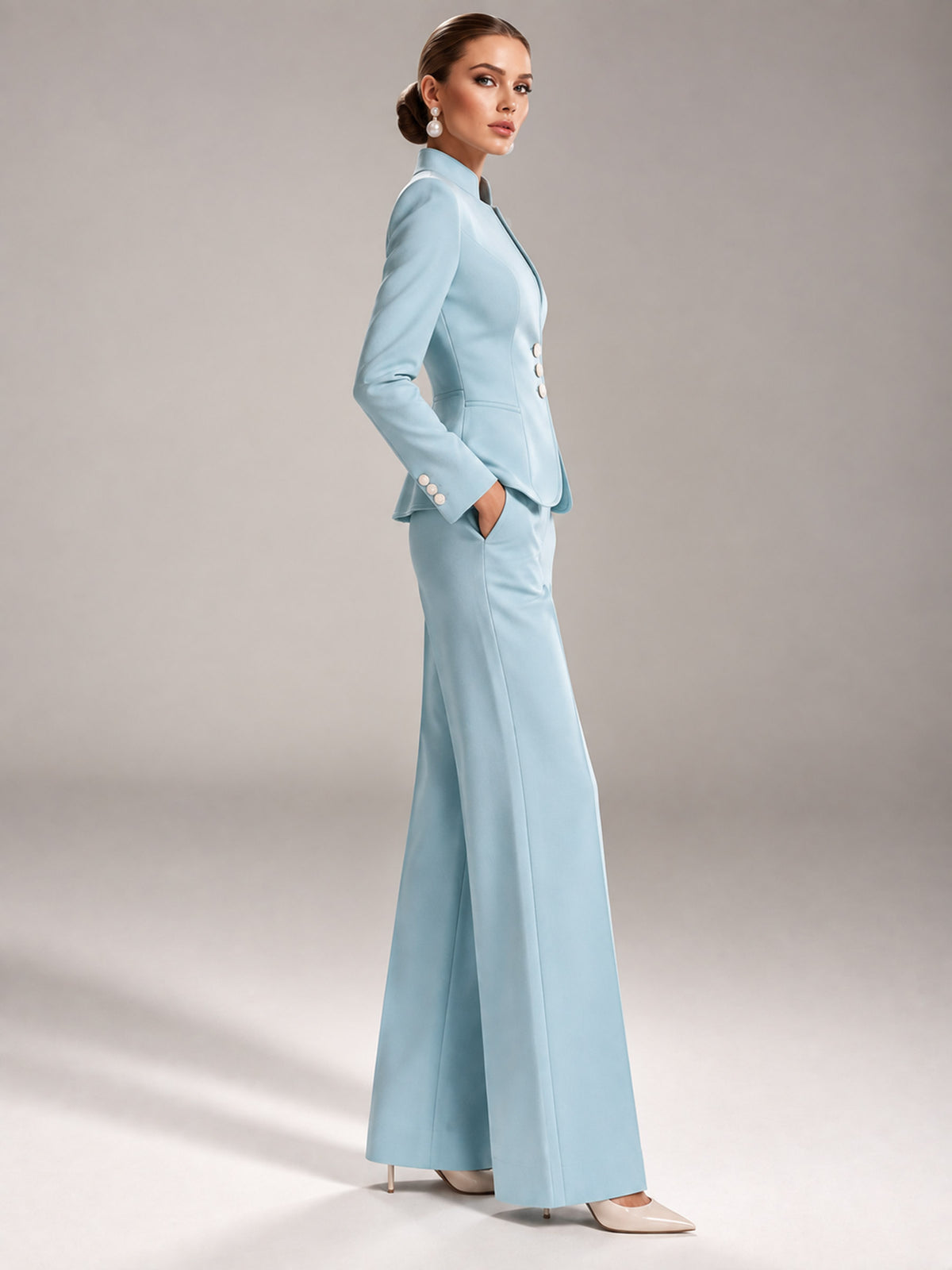 Light Blue Stand Collar 3-Button Peplum Blazer & High Waist Wide Leg Pants 2-Piece Suit