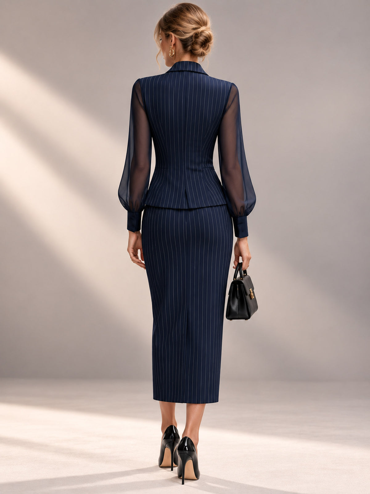 Navy Pinstripe Notch Lapel Sheer Balloon Sleeve Blazer & Midi Pencil Skirt 2-Piece Suit