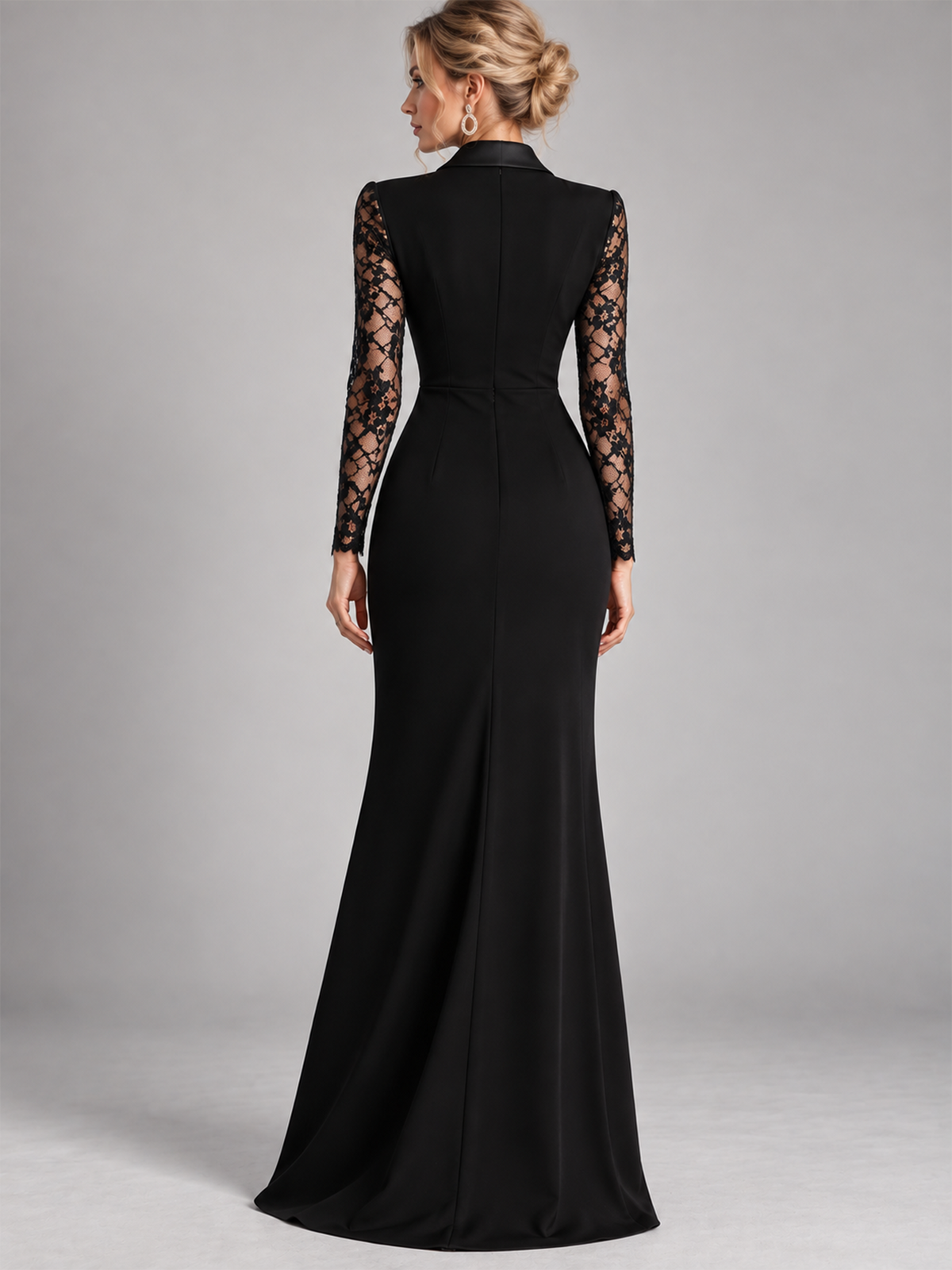 Black Peak Lapel Floral Lace Sleev Blazer Dress