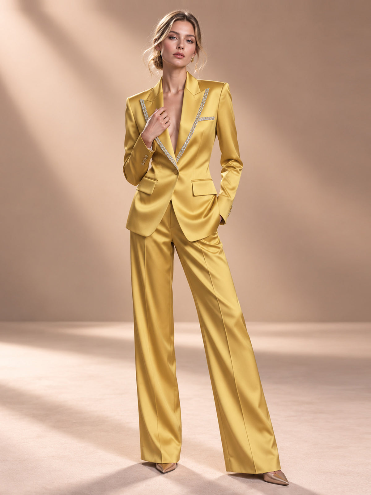 Gold Peak Lapel Blazer And Wide Leg Pants 2-Piece Suit