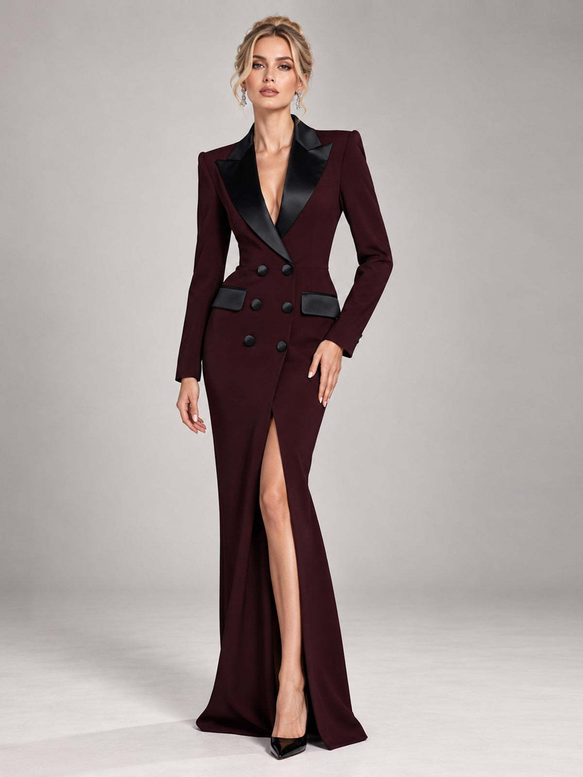 Burgundy Satin Peak Lapel Blazer Dress