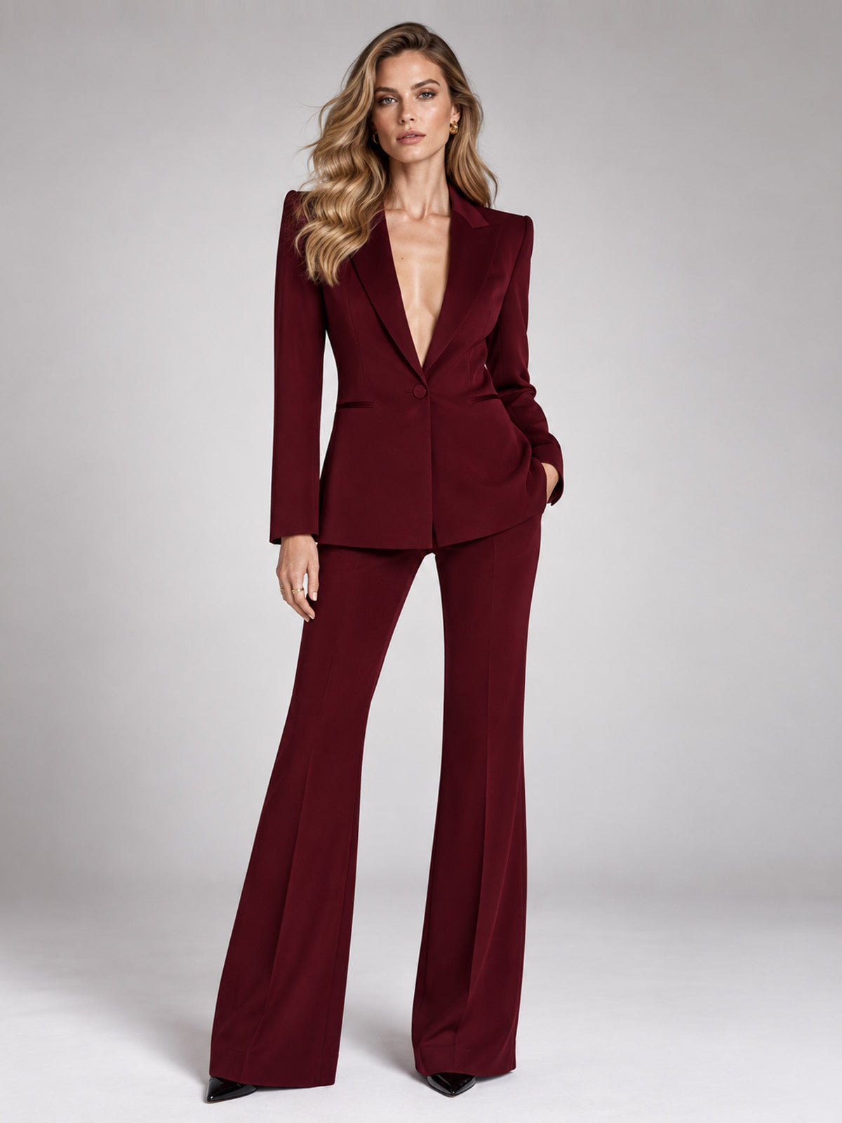 Burgundy Single Breasted Blazer With Peak Lapels And Flared Pants 2-Piece Suit