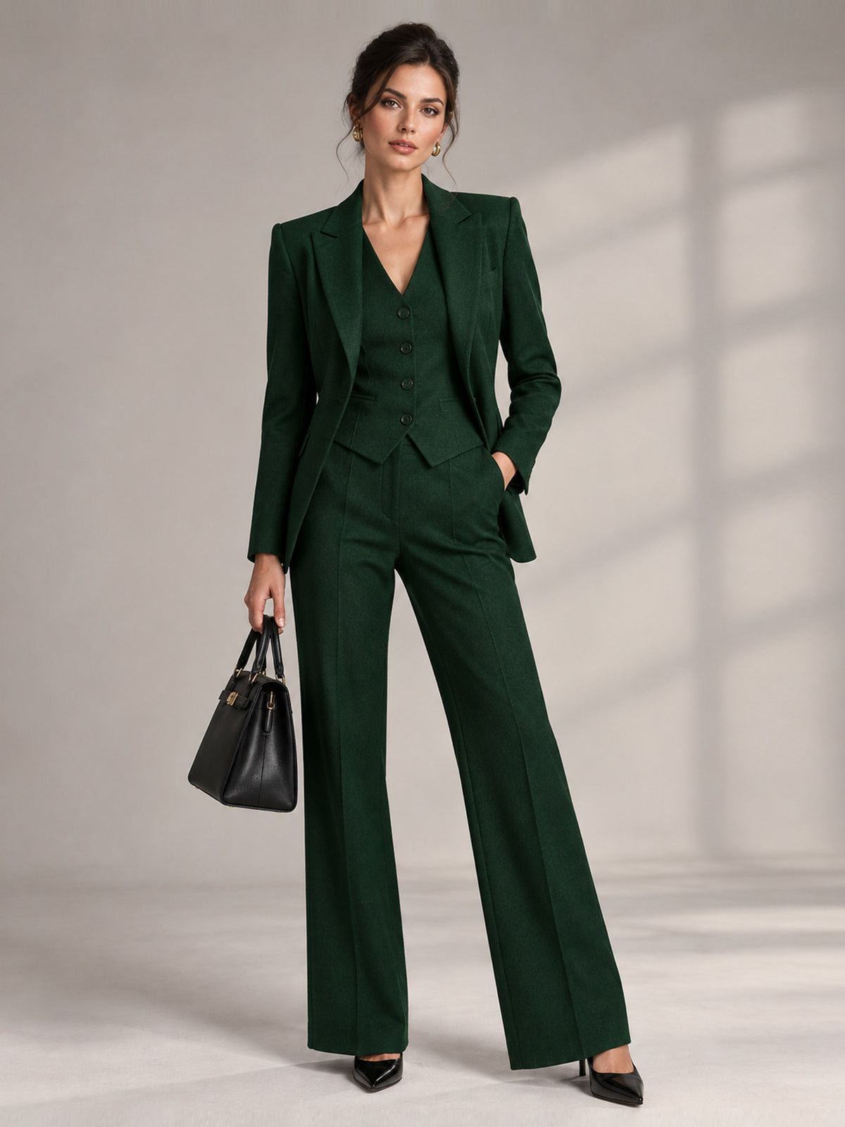 Green Peak Lapel Blazer & Vast And Straight Leg Flared Pants 3-Piece Suit