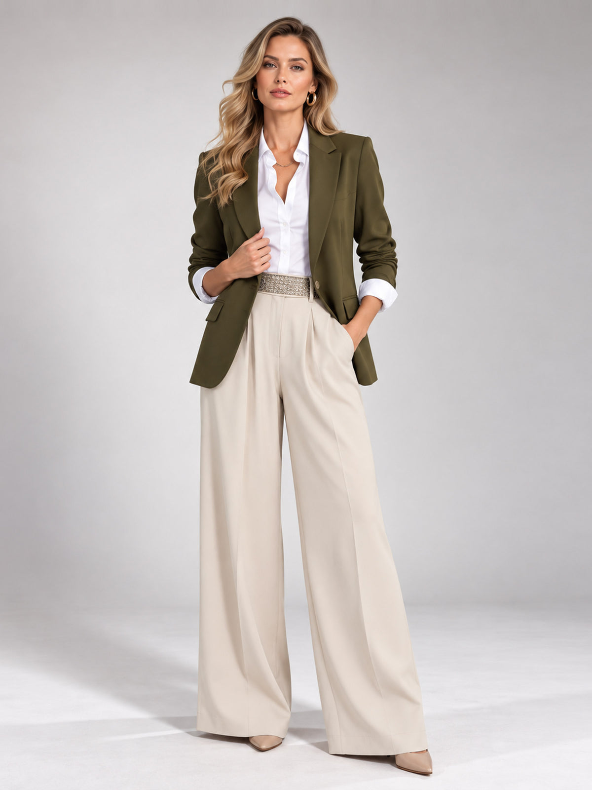 Olive Green Single Breasted Blazer And Beige Wide Leg Pants 2-Piece Suit