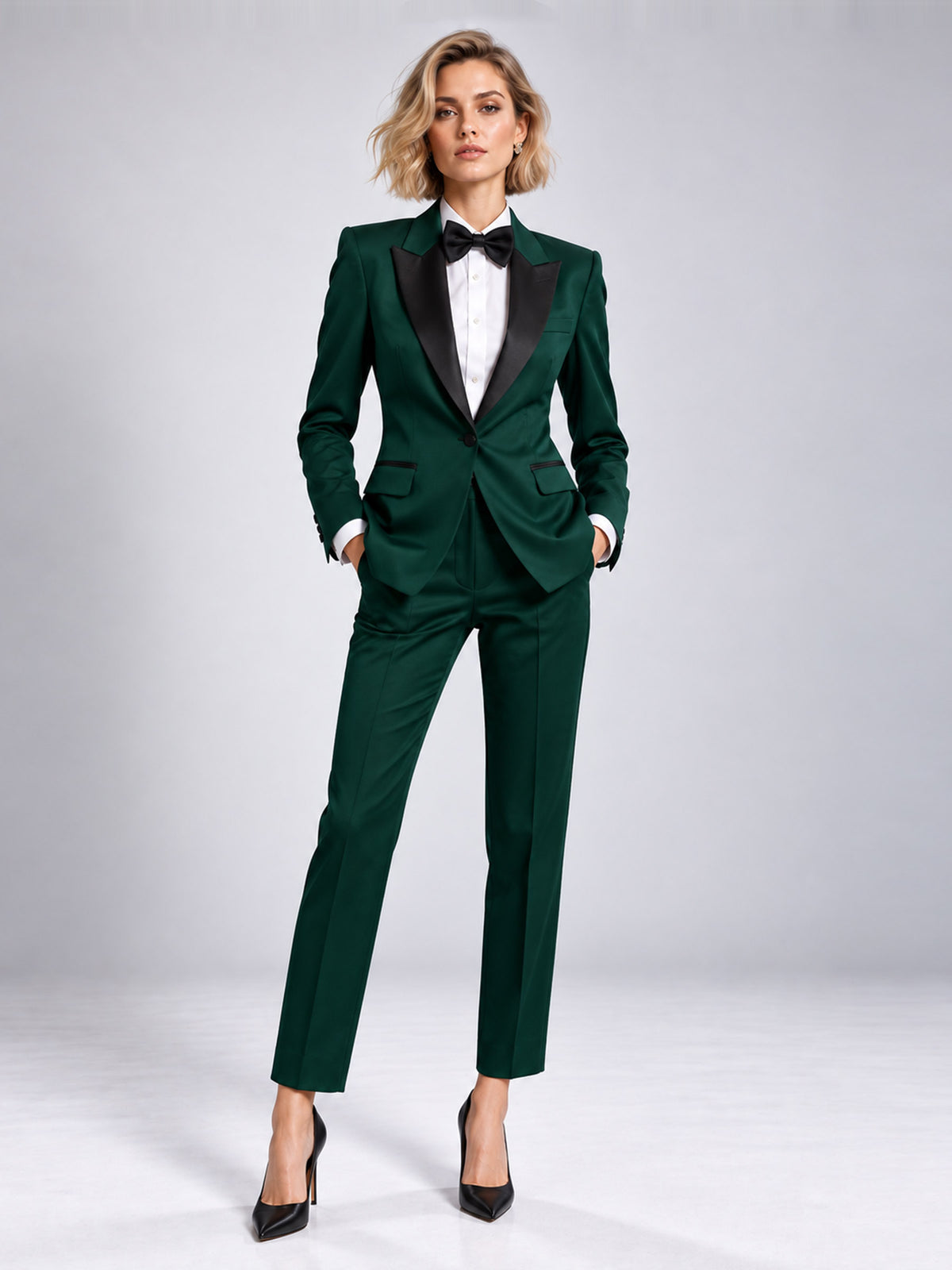Green Color Block Blazer With Peak Lapels And Tapered Pants 2-Piece Suit