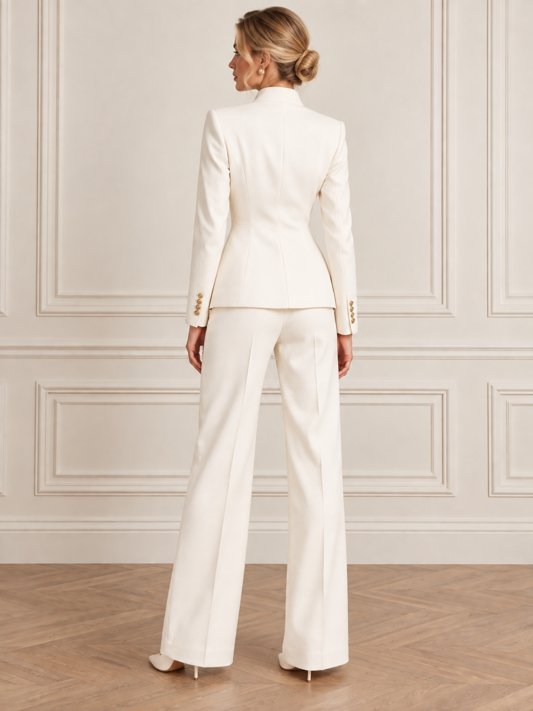 Light Beige Stand Collar Single Breasted Blazer And Wide Leg Pants 2-Piece Suit