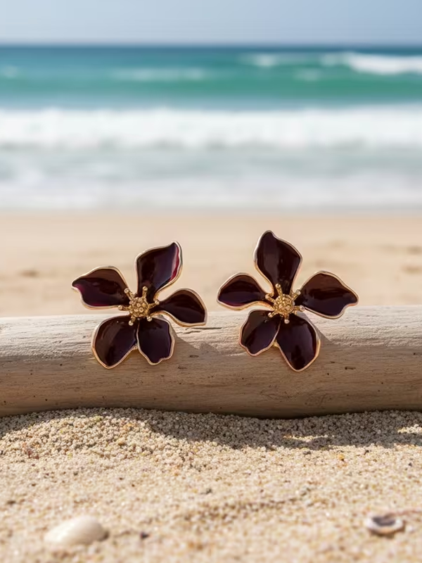 Gold Trim Enamel Flower Stud Earrings