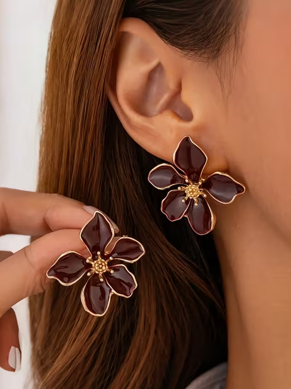 Gold Trim Enamel Flower Stud Earrings