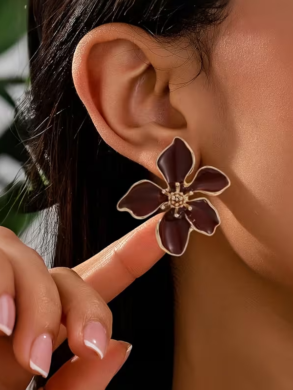 Gold Trim Enamel Flower Stud Earrings