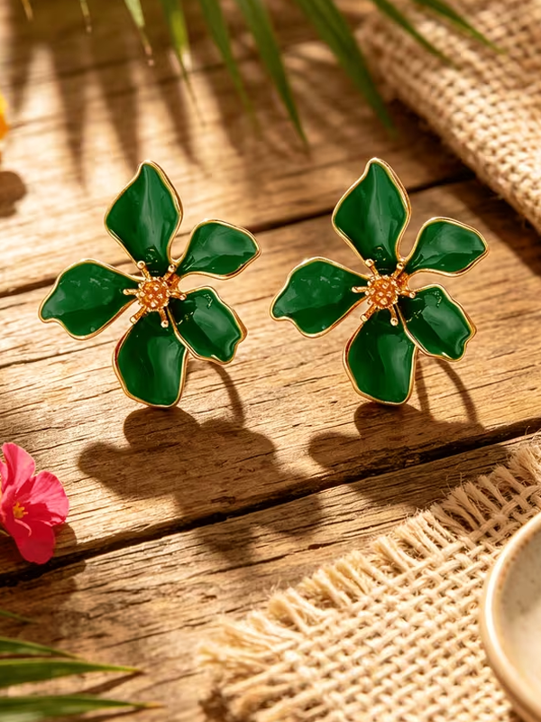 Gold Trim Enamel Flower Stud Earrings