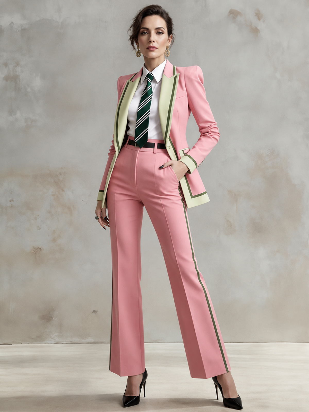 Pink Peak Lapel Blazer With Green Contrast Trim Paired With Flared Trousers 2-Piece Suit