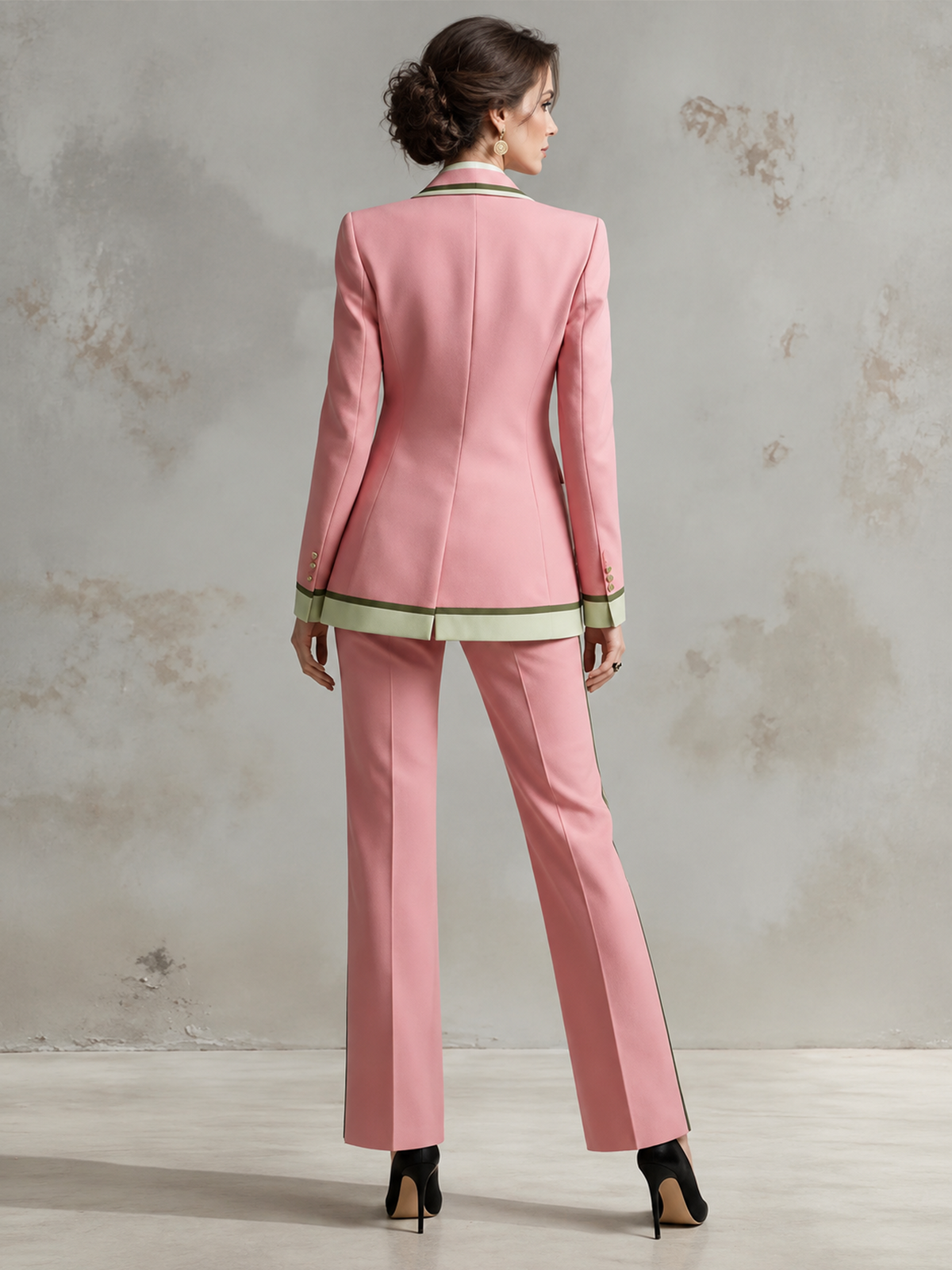 Pink Peak Lapel Blazer With Green Contrast Trim Paired With Flared Trousers 2-Piece Suit