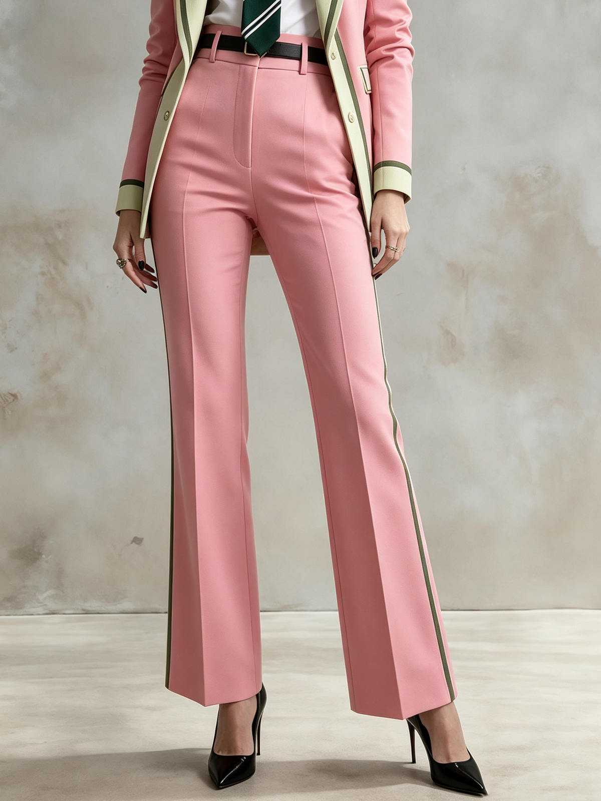 Pink Peak Lapel Blazer With Green Contrast Trim Paired With Flared Trousers 2-Piece Suit