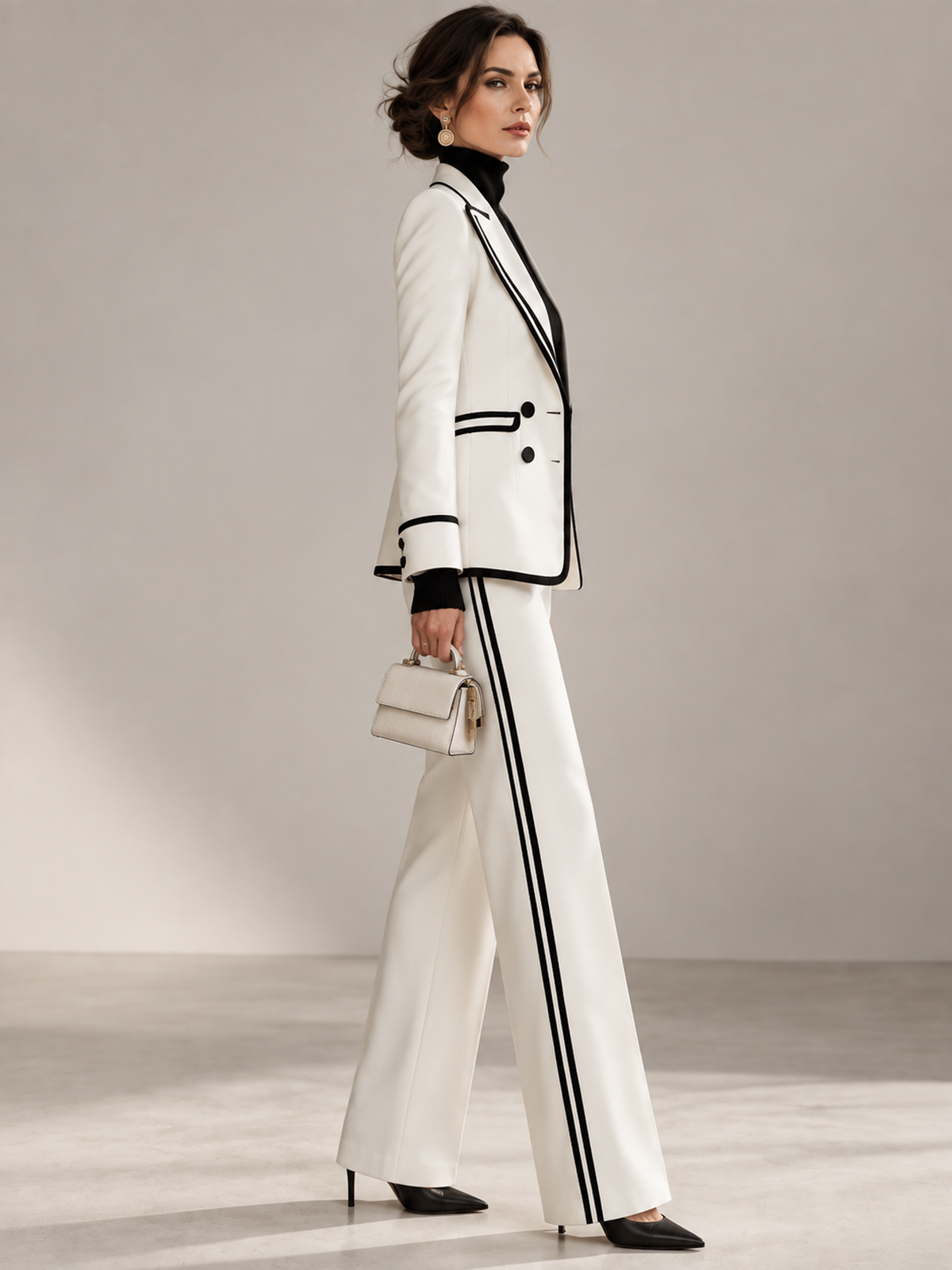 White Black Piping Peak Lapel Blazer And Wide Leg Pants 2-Piece Suit