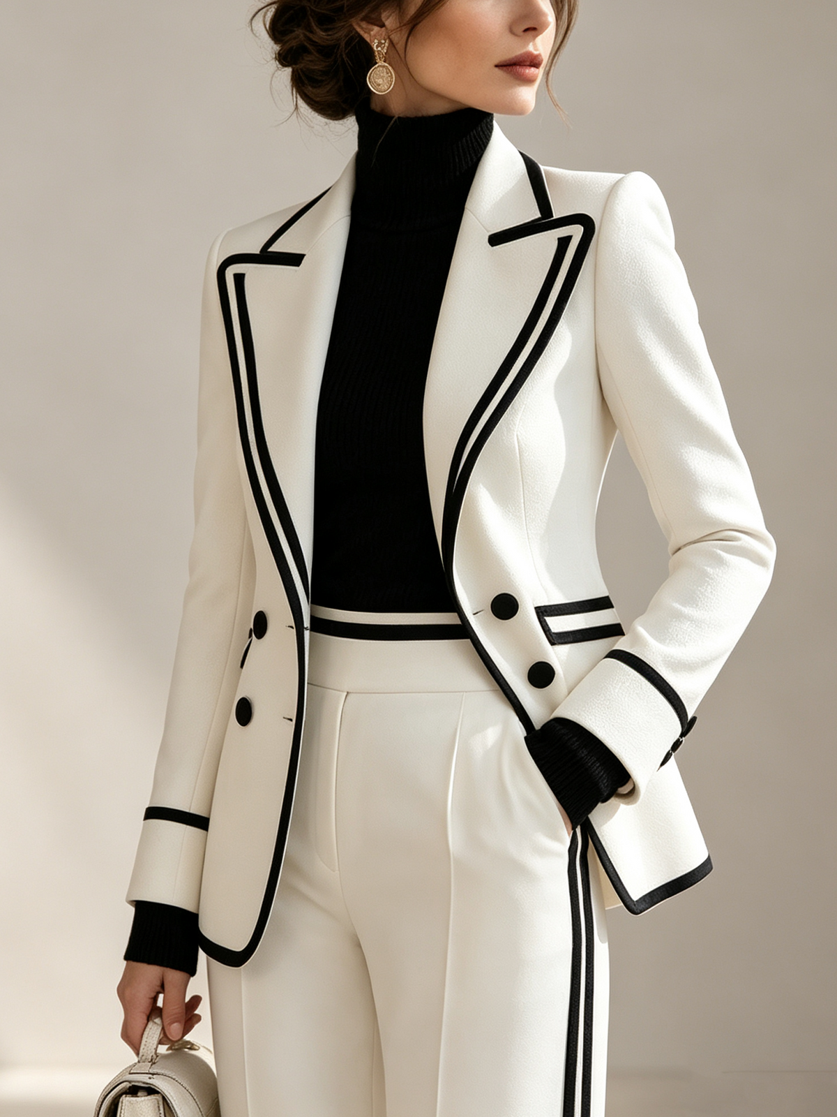 White Black Piping Peak Lapel Blazer And Wide Leg Pants 2-Piece Suit