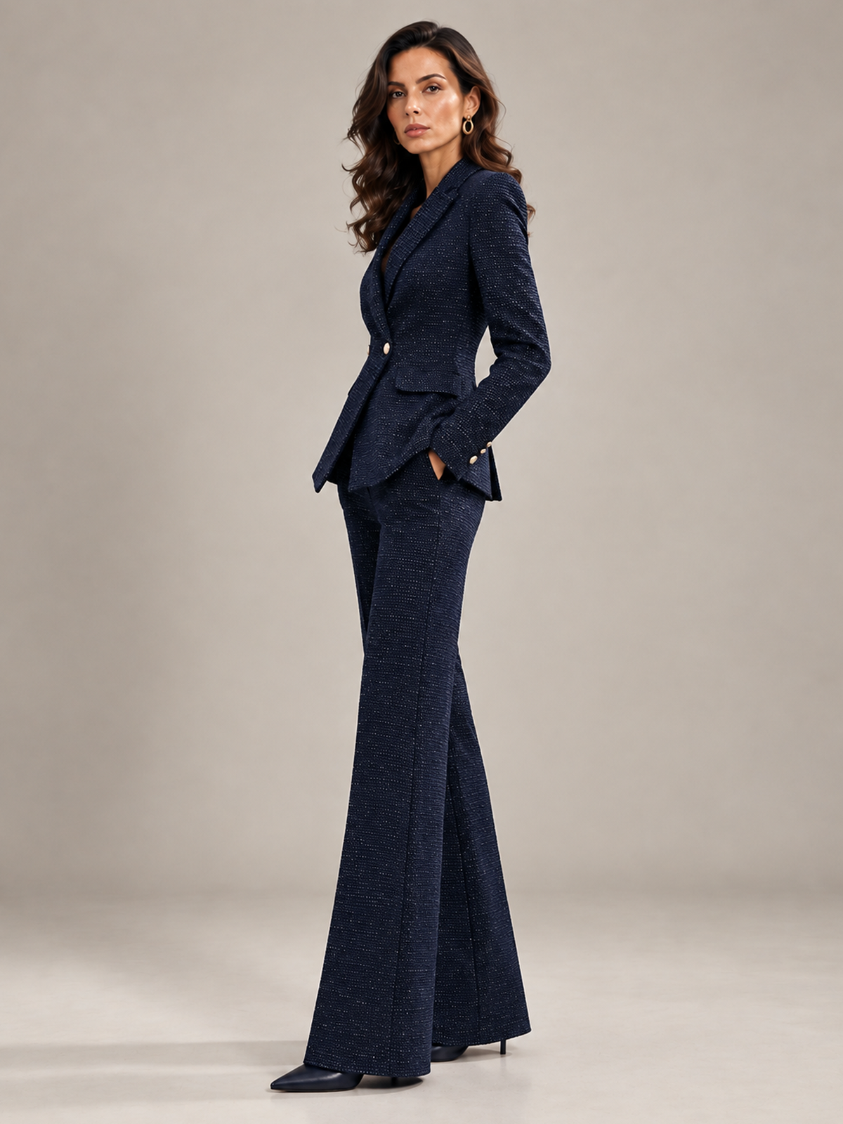 Navy Tweed Double Breasted Flared Pants 2-Piece Suit