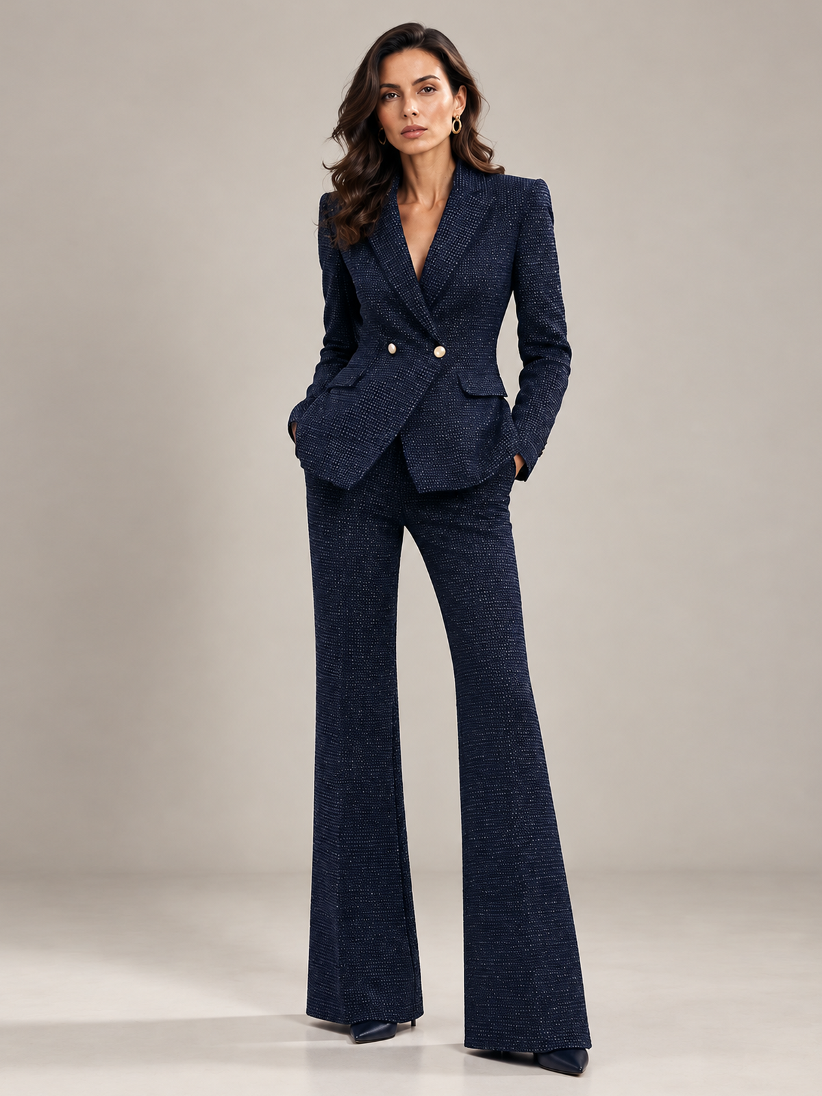 Navy Tweed Double Breasted Flared Pants 2-Piece Suit