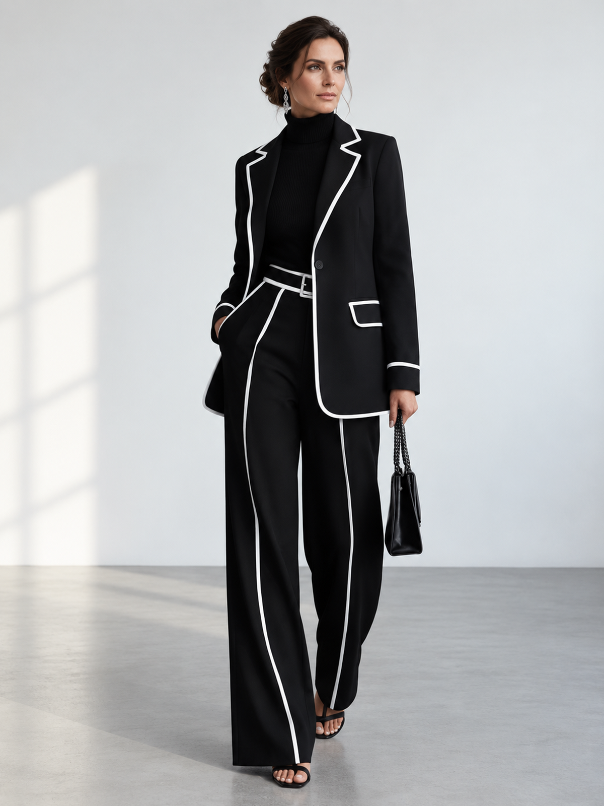 Black White Contrast Piping Blazer And Wide Leg Pants 2-Piece Suit