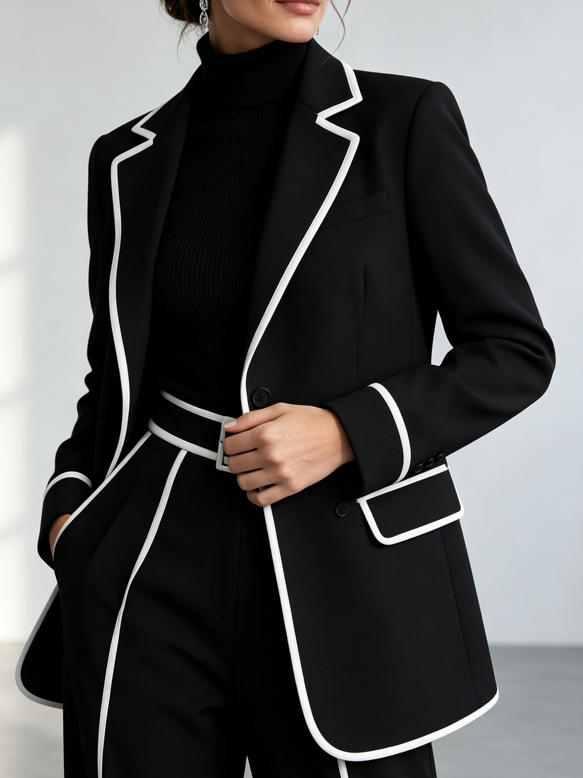 Black White Contrast Piping Blazer And Wide Leg Pants 2-Piece Suit