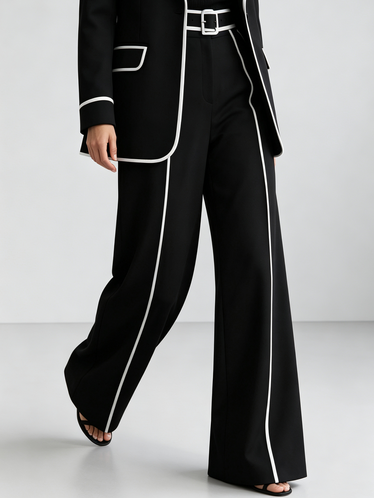 Black White Contrast Piping Blazer And Wide Leg Pants 2-Piece Suit